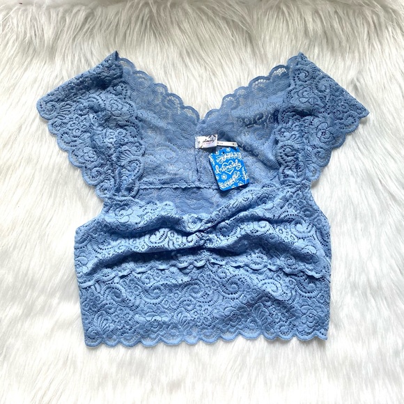 NWT Free People Scallop Edge Lace Crop Bralette Blue Periwinkle Size Small - Picture 2 of 14
